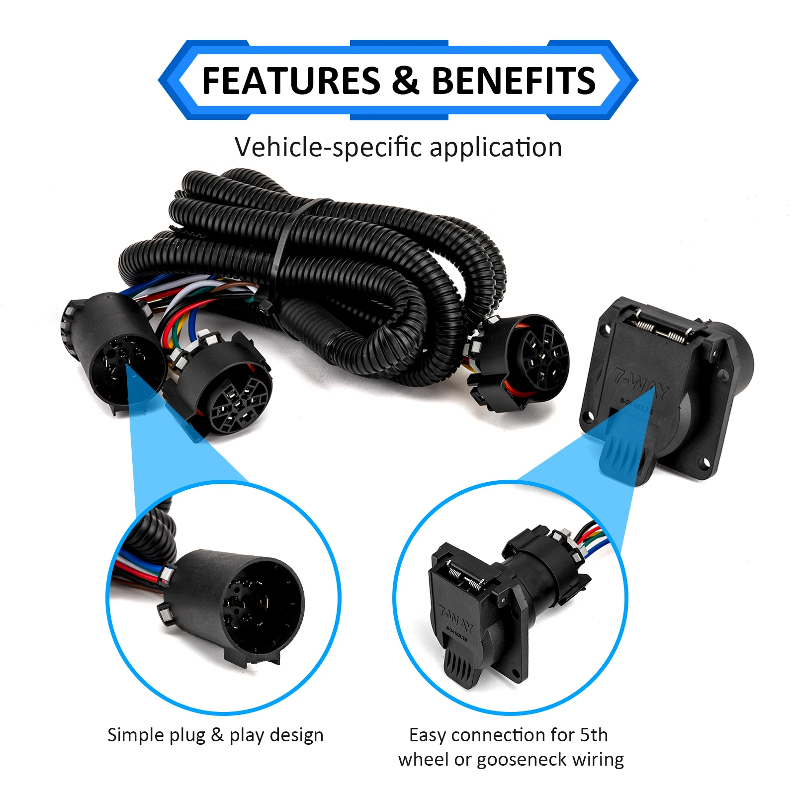 7-Way Trailer Wiring Harness Extension Connect Tail Brake Reverse Turn Signals Brakes for 1999+ Dodge, Toyota, GMC, Ford, Nissan