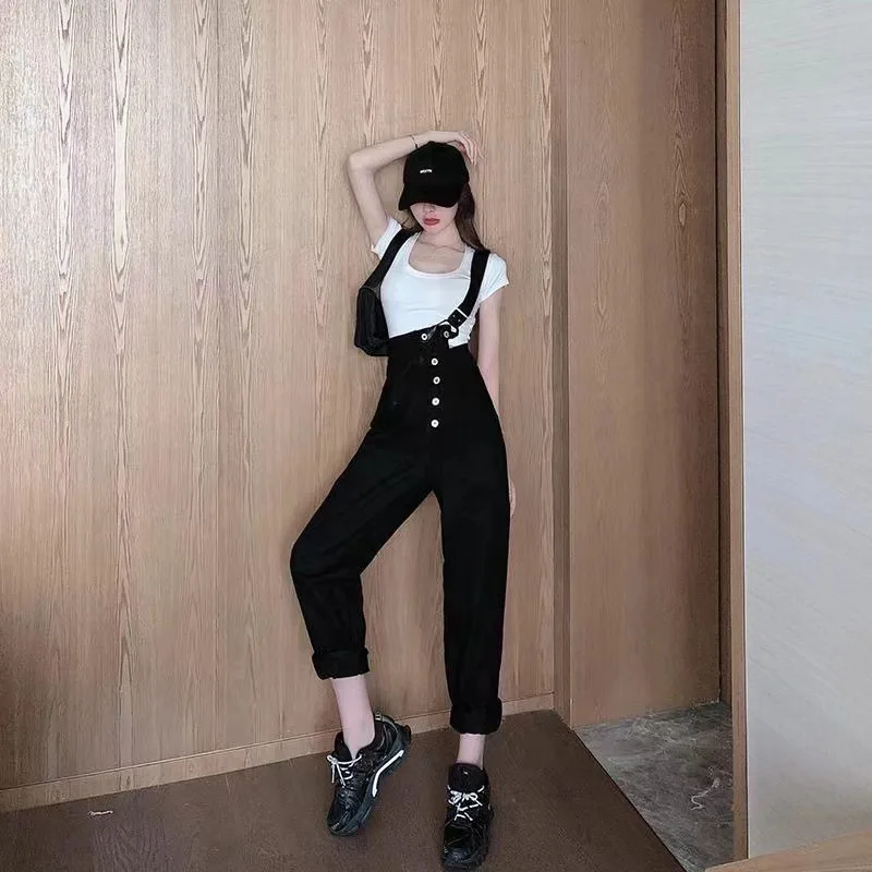 Versione coreana di bretelle in denim a vita alta e pantaloni lunghi per le donne Primavera ed estate Nuovi studenti Vestibilità ampia All-in-one