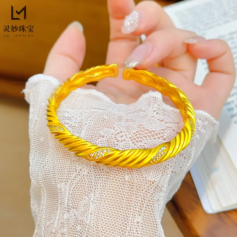 

Women's Diamond Accent Twisted Ring-Bangle, 24K Gold, AU999 | Distressed gold with embossed texture, rustic-festive lucky wishes