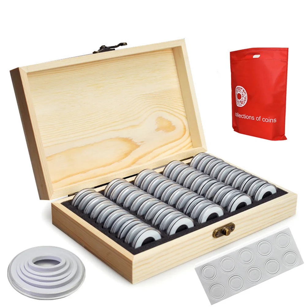Commemorative Coin Storage Box 50 Space Wood Protector for 18 21 25 27 30Mm Coins Long Term Preservation Collection