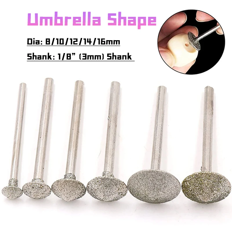 8/10/12/14/16mm Umbrella Shape Diamond Burr 1/8'' Shank Diamond Mounted Grinding Point Stone Carving Bits for Rotary Tools