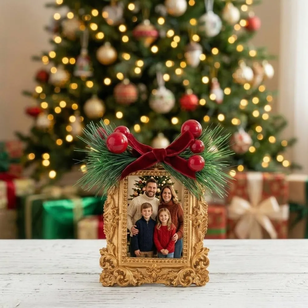 Resin Gold Small Photo Frame Pine Leaf Red Berry Christmas Photo Frame Desktop Wall Mounted Dual-use Christmas Tree Accessories