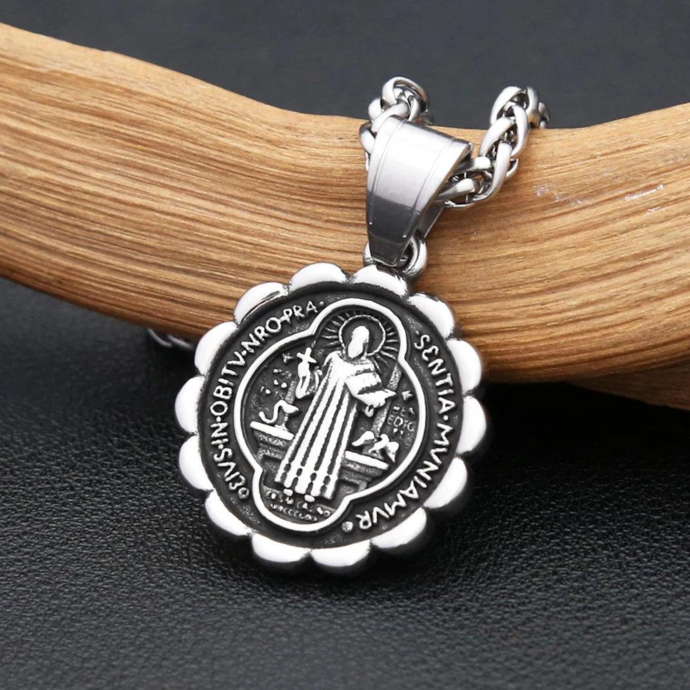 Vintage Catholic Saint Benedict Pendant Necklaces For Men Stainless Steel Exorcism Cross Necklace Religious Amulet Jewelry Gifts