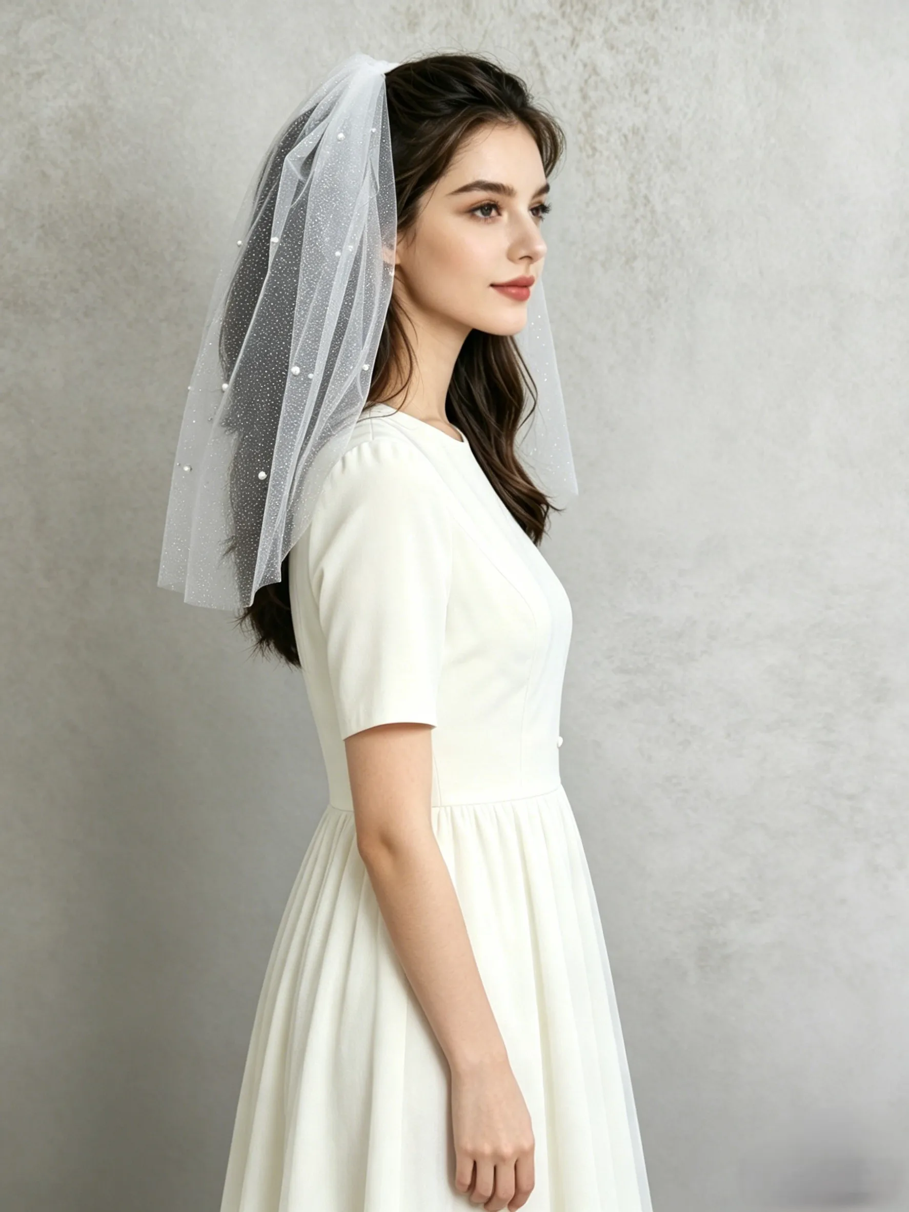 50cm Shoulder Wedding Veil Starlight Tulle with Pearls & Comb - Single Layer Bridal Headpiece for Wedding Church or Photo Shoot