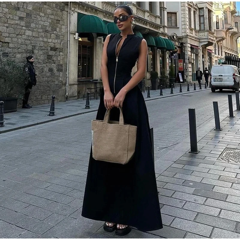 Summer Elegant Solid Sleeveless Women Maxi Dress Fashion V-neck Zipper Slim 2024 Office Lady Commuting Robe