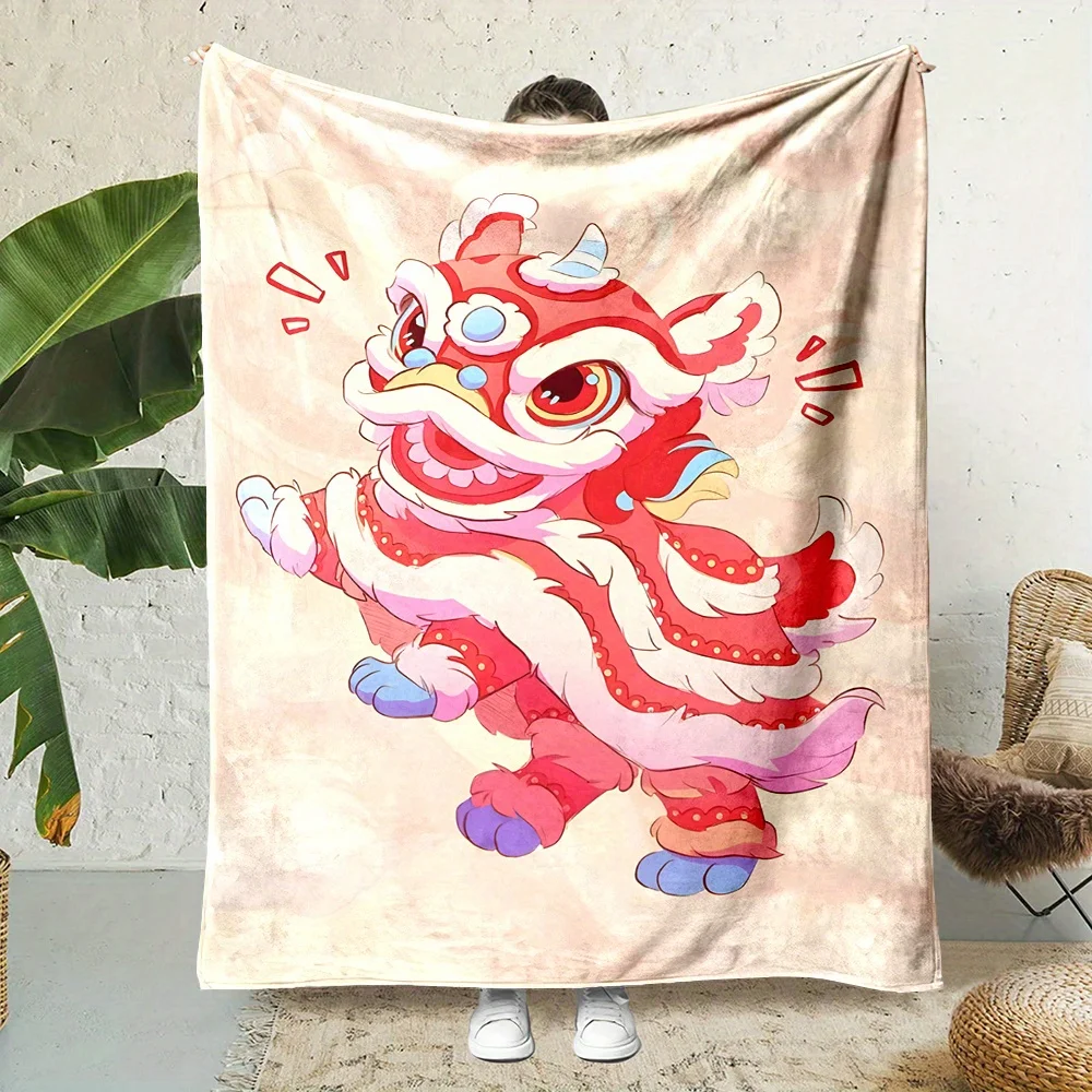 Cute Cartoon Red Lion Dance Cream Base Print Blanket, Light Flannel Throw Couch Room, Traditional Chinese Festival Daily Blanket