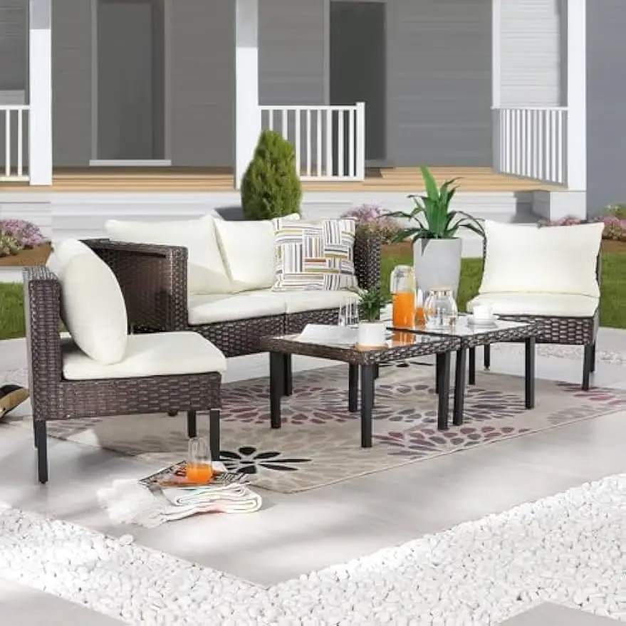 Patio Conversation Sets Space Saving Outdoor Furniture Set Cushioned Wicker Sectional Sofa Set with All Weather Frame