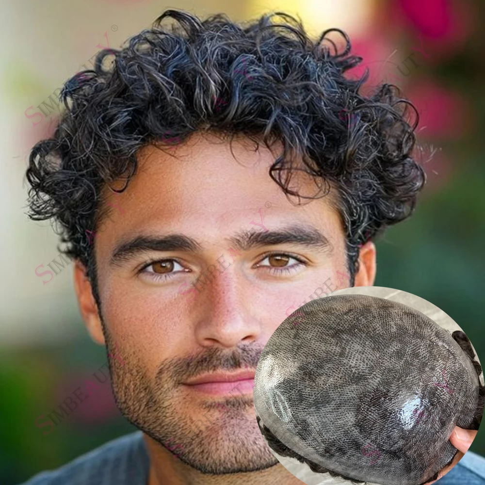 

# 1b10 Серые Волосы Черный Мужской Парик 26 мм Вьющиеся 100% Человеческие Волосы Супер Прочный Полный ПУ База Коричневый Мужской Протез Волос Капиллярная Система