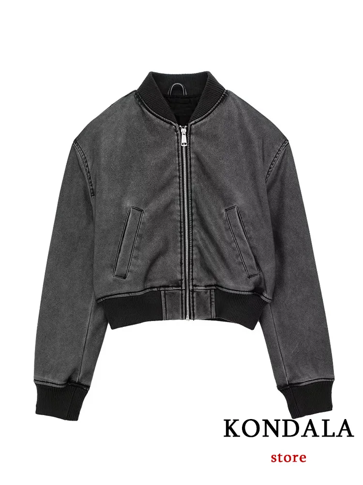 KONDALA Vintage Casual Chic Bomber Jacket Solid Zipper O-Neck Pocket Long Sleeve Short Coats Fashion 2023  Autumn Winter Coats