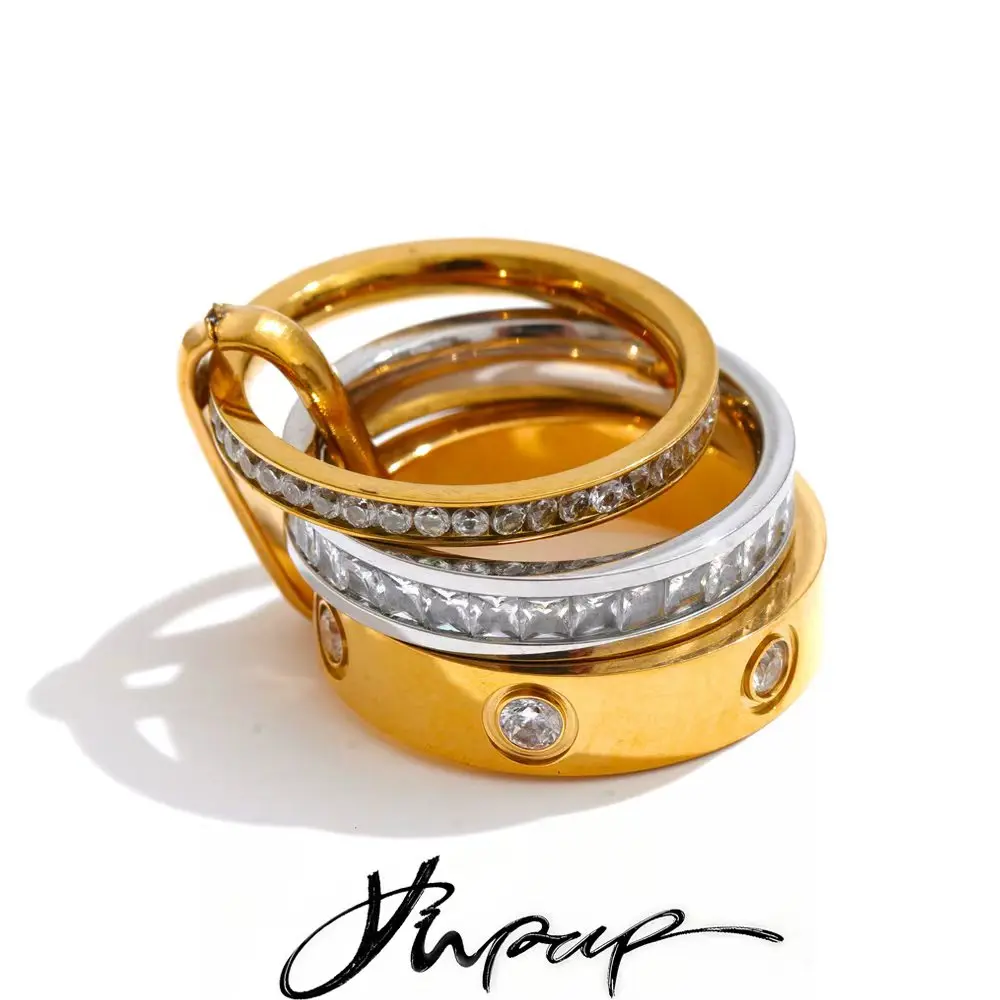 Yhpup Size 678 White Green Color Zirconia Round Fashion Finger Ring Stainless Steel Layered Casting Exclusive Jewelry