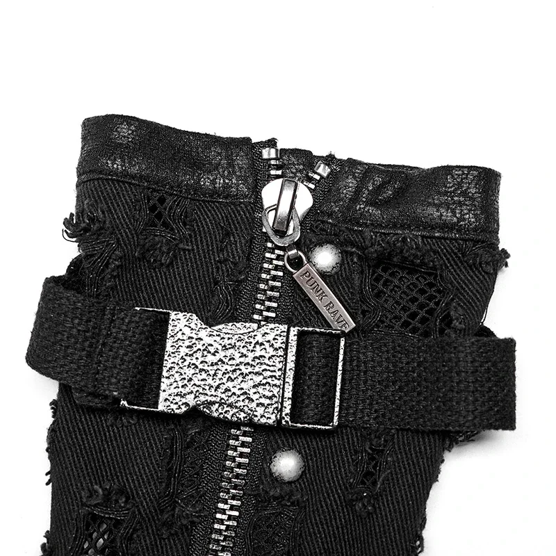 PUNK RAVE Men\'s Punk Twill Holes Denim & Gauze Fingerless Gloves Motorcycle Cool Military Metal Buckle Black  1 Pair