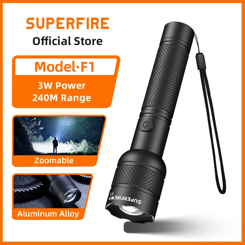 SUPERFIRE F1 Zoom Flashlight 300LM Bright, Rechargeable LED Focus Adjustable Torch Light for Outdoor Hiking Fishing Emergency