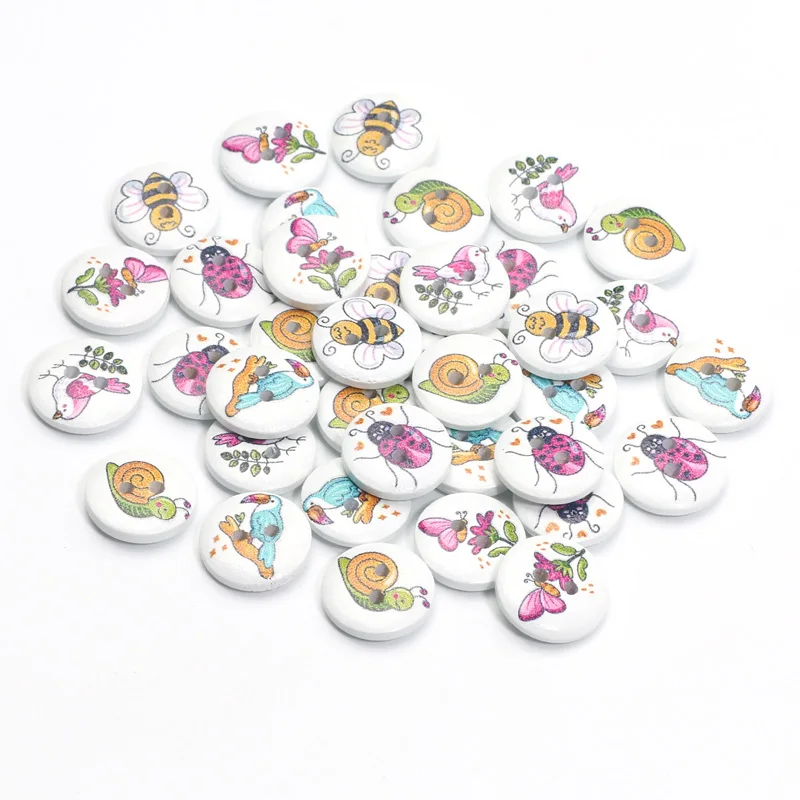 50pcs 15mm Mixed Bird Bee Butterfly Ladybug Buttons Wooden Buttons For Clothes Decorative Crafts Supplies Diy Sewing Accessories