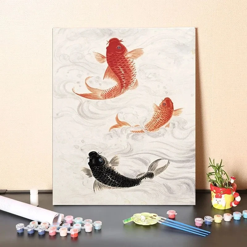 

Digital oil painting filling Chinese auspicious Ruyiyi Goldfish Carp Porch decoration color oil color acrylic painting