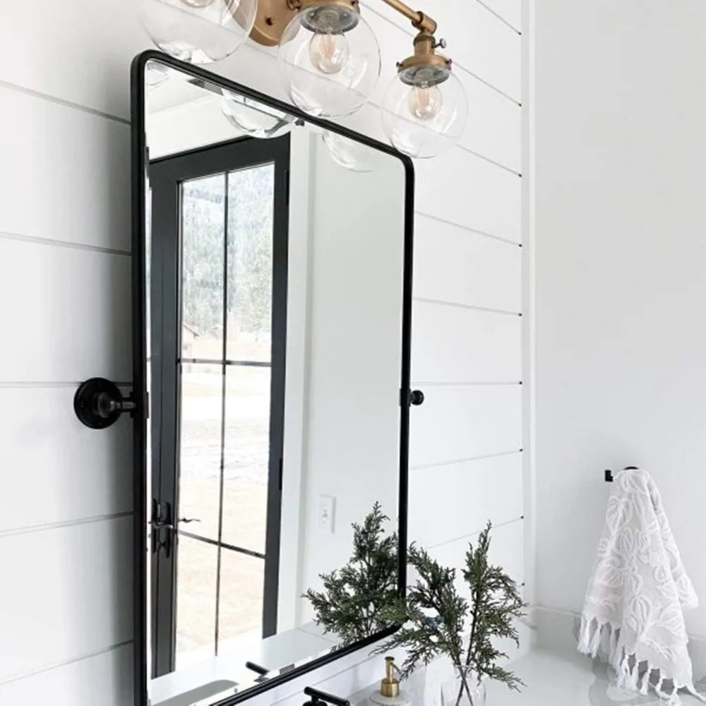 Rectangle Pivot Mirror with Tilt and Beveled Edges for Bathroom, Matt Black Metal Framed Vanity Mirror with Long-Lasting Durabil