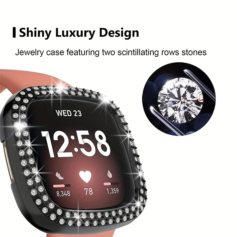 Bling Case for Fitbit Versa 3/Sense Smartwatch [No Screen], Double Row Shiny Crystal Rhinestone Hard PC Bumper Frame