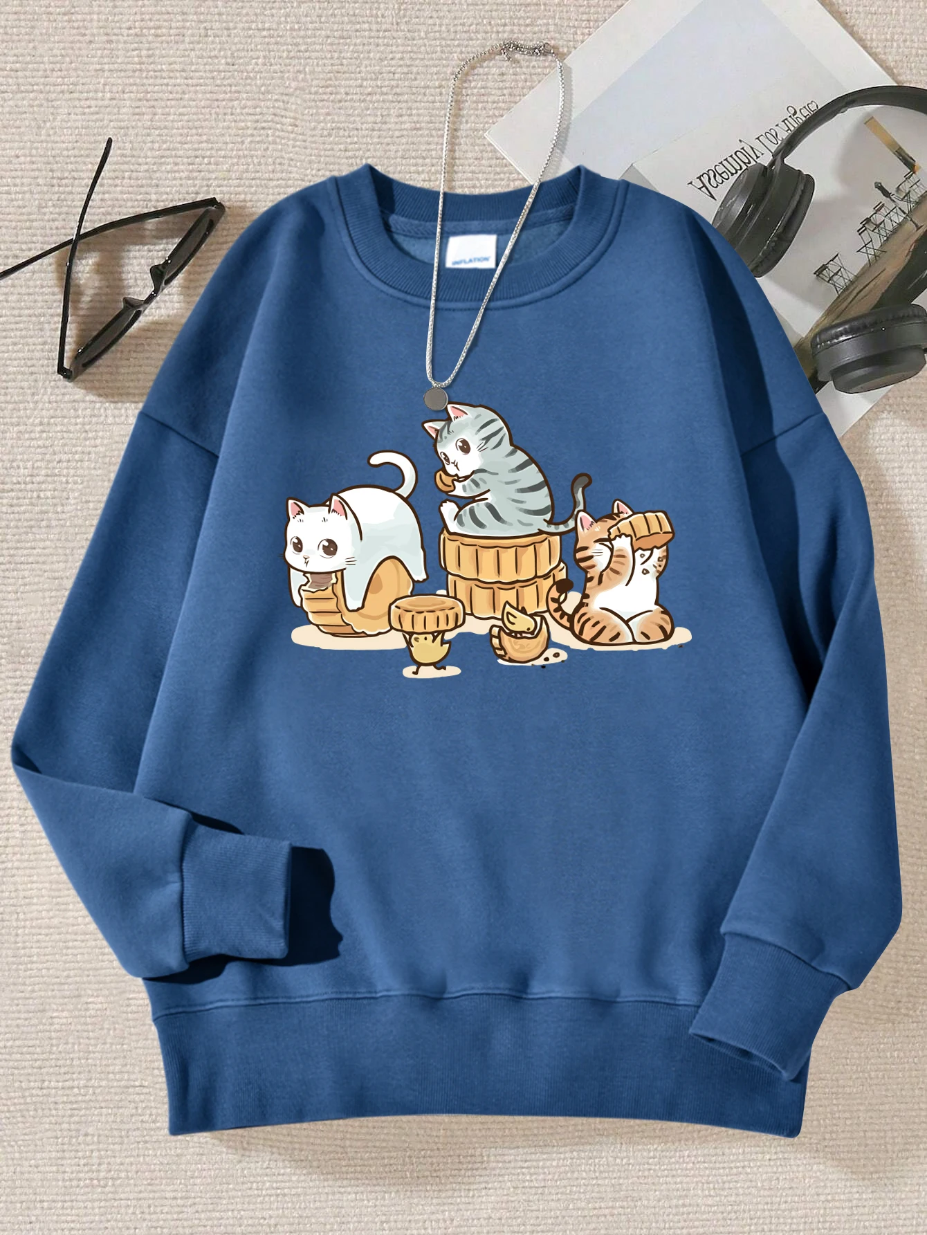 The Cat Secretly Eating Pastries Print Female Pullovers Simple Casual Hoody Autumn Loose Sweatshirt Hipster Fleece Sportswears