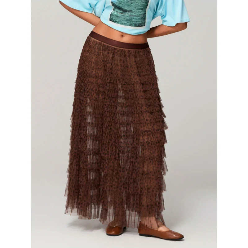 Women Tulle Tutu Long Skirt Layered Ruffles Sheer Mesh Elastic A-Line Skirt Beach Party Streetwear