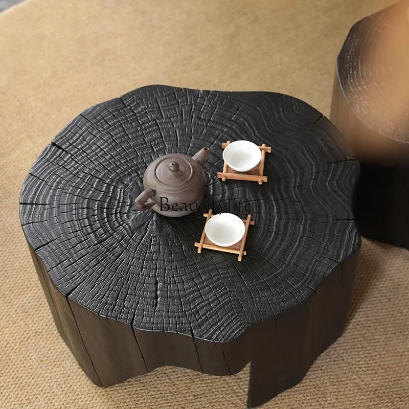 03.Wabi Sansi wind carbonized black log pier small coffee table Japanese bay window side few bed and breakfast