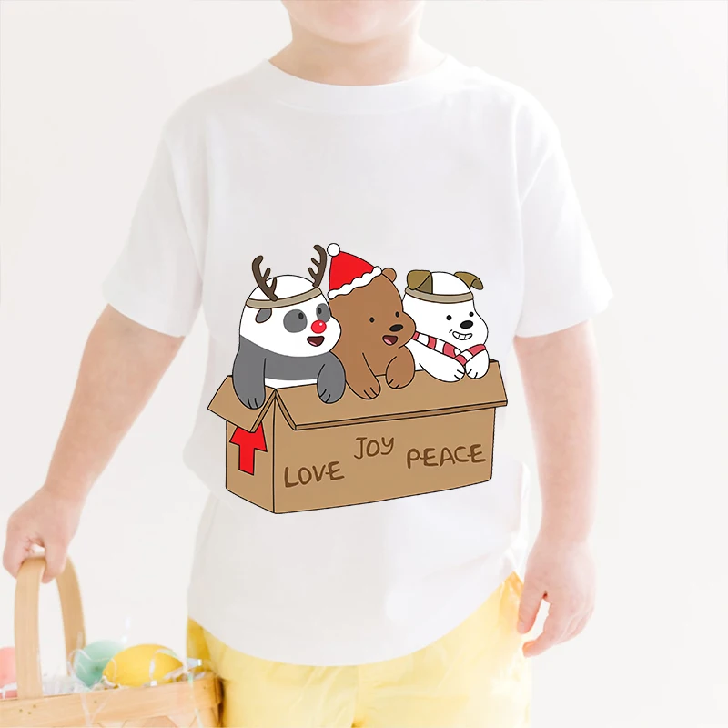 T-shirt dziecięcy z nadrukiem We Bare Bears Letni dziecięcy bawełniany biały top z krótkim rękawem, odpowiedni dla chłopców i dziewcząt