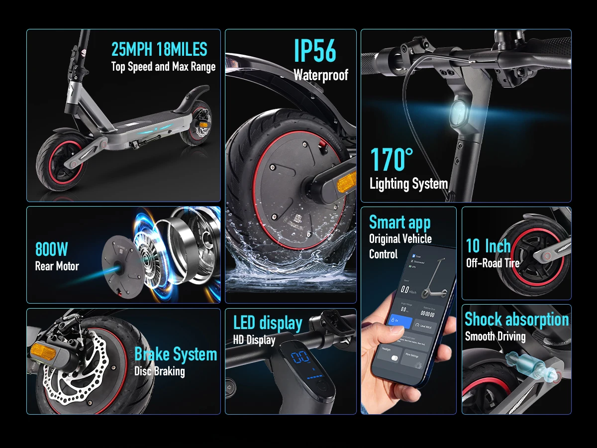 ZWHEEL ZSA PLUS Foldable Electric Scooter APP Control 800W Peak 25 MPH 36V10Ah Battery 18 Miles Suspension Shock Absorption Rear Disc Brakes 10'' Road Tires Turn Signals Hands-Free Unlock 4-Modes Lightweight Easy Carry Commuting Escooter US Stock