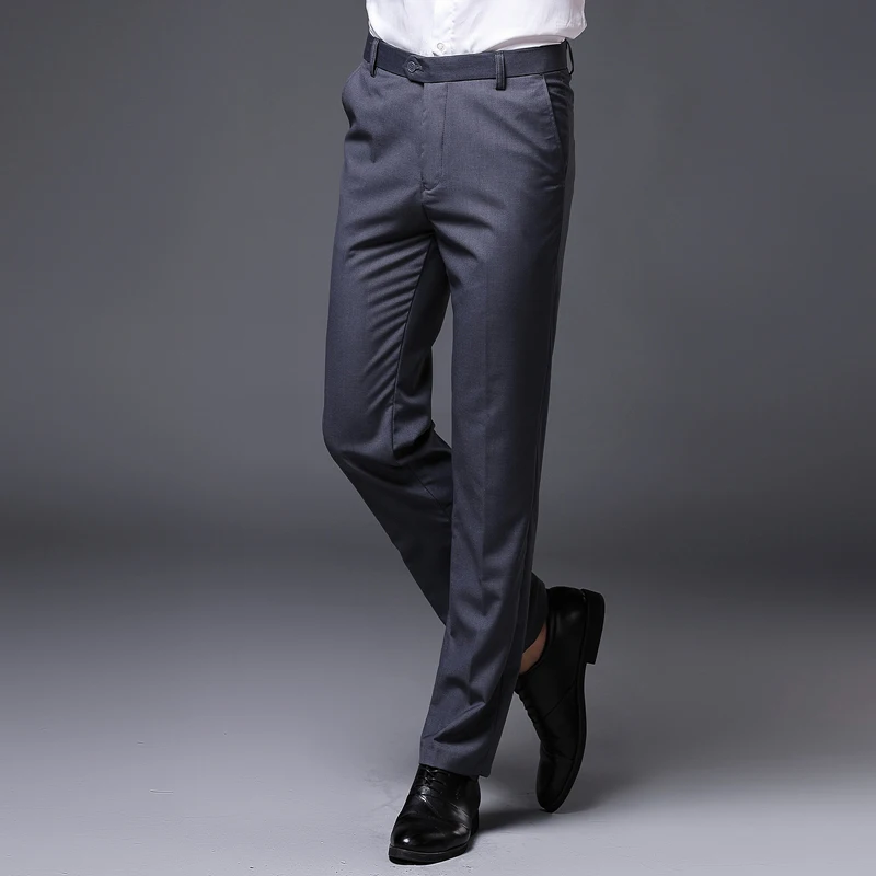 Mens Slim Fit Straight Pants Flat-front Causal Trousers Male Business Formal  Wine Red