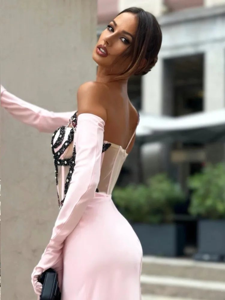 Luxury Sexy Strapless Backless Diamonds Sequins Pink Maxi Long Women Celebrity Dress 2024 Elegant Party Evening Club Vestido