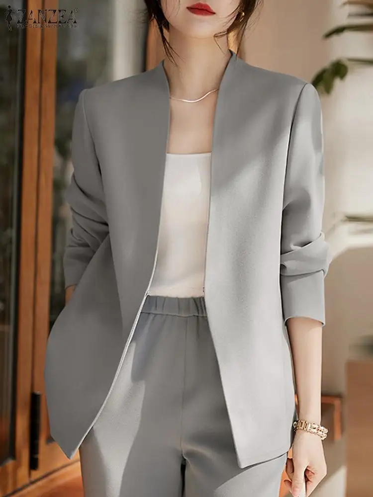 ZANZEA Casual Women Blazer Tops V คอ Office Lady เดินทาง Solid Elegant Blazer แขนยาวเกาหลีแฟชั่นฤดูใบไม้ร่วงเสื้อสูท