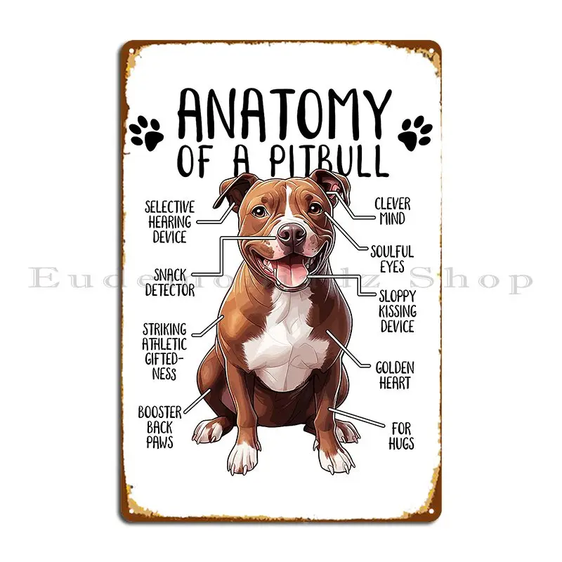 Engraçado pitbull anatomia americano pit bull terrier cão pittie amante sinal de metal mural decoração da parede personalizado estanho cartaz