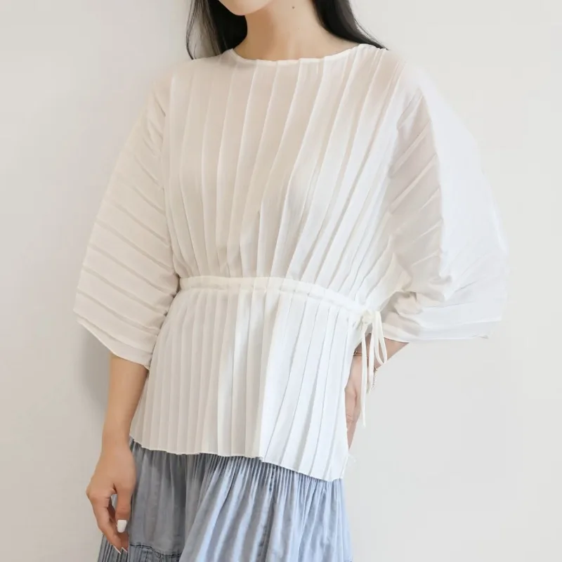 Miyake Pleated 2026 Autumn Japanese Style Pleated Round Neck Eight-Sleeve Accordion Pleated Tie Top Loose Commuter Women Pleat