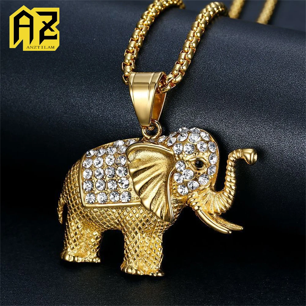 

Anztilam No Fade Elephant 316L Stainless Steel Iced Out Pendant with Long Link Chain Necklaces for Women Men Hip Hop Jewelry