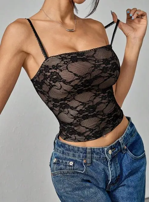 

2026 Summer New Crochet Lace Women's Camisole Top Sexy Pure Desire Style Slim Fit Backless Short Sleeveless Camisole Top
