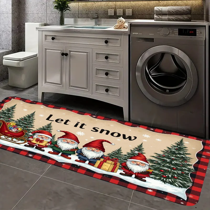 Xmas Beige Background Gnome Pine Tree Red Buffalo Plaid Long Runner Rug,washable carpet, seasonal decor for kitchen indoor floor