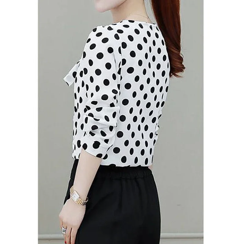 

Женская элегантная блузка с бантом в горошек, корейская модная офисная женская деловая повседневная рубашка с v-образным вырезом и длинными рукавами, топы Ropa XQ465