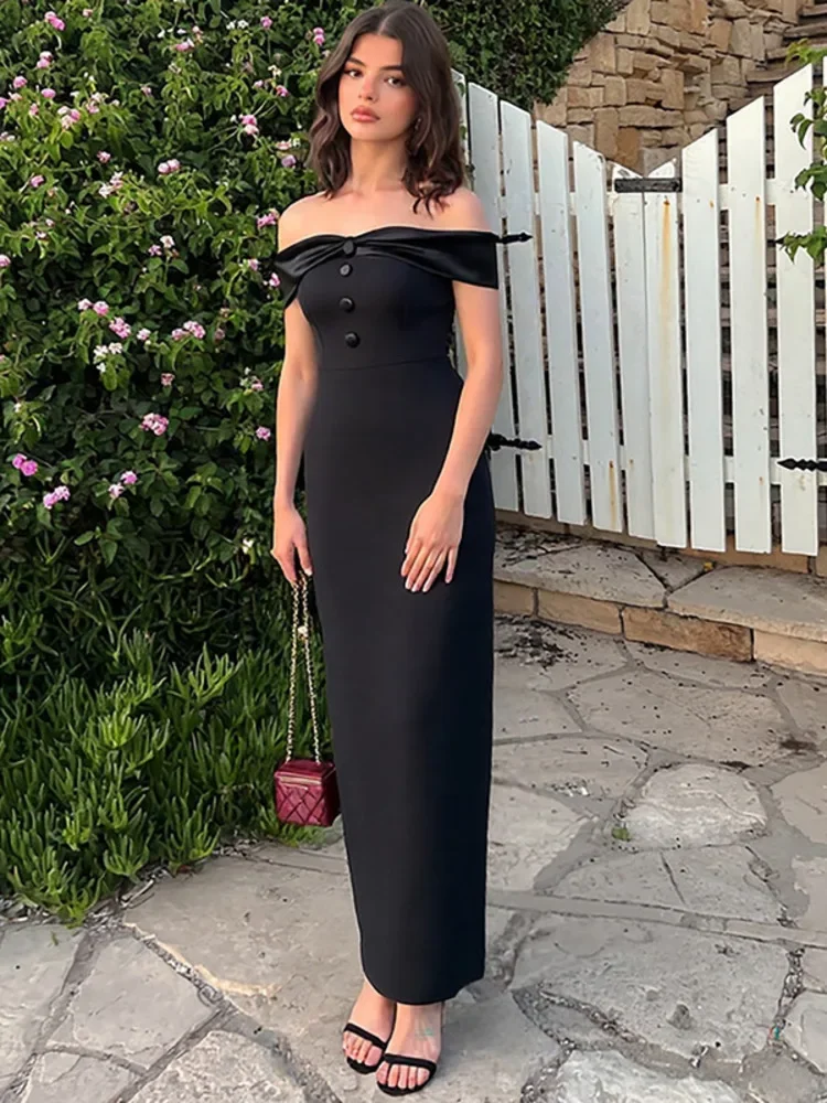 

2025 New Off-shoulder Strapless Sexy Maxi Dress Women Black Elegant High Waist Sleeveless Backless Bodycon Split Sexy Club Dress