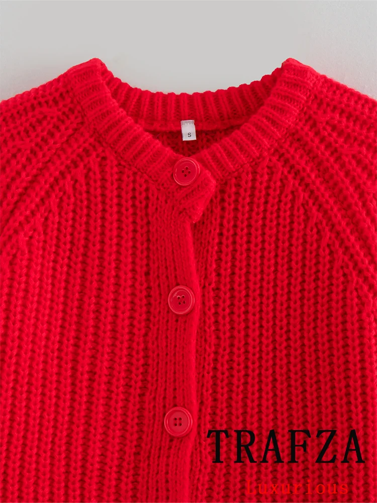 TRAFZA Vintage Casual Chic sweter damski jednolity, dekolt w kształcie litery "o", jednorzędowe swetry rozpinane z długim rękawem moda 2024, swetry jesienno-zimowe