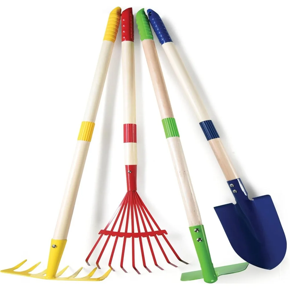 

Kid-Friendly Design Small Garden Rake Kit Colorful Hardwood Handle Kids Rake Set Fun 2 Shovels Leaf Rake Gardening Tools
