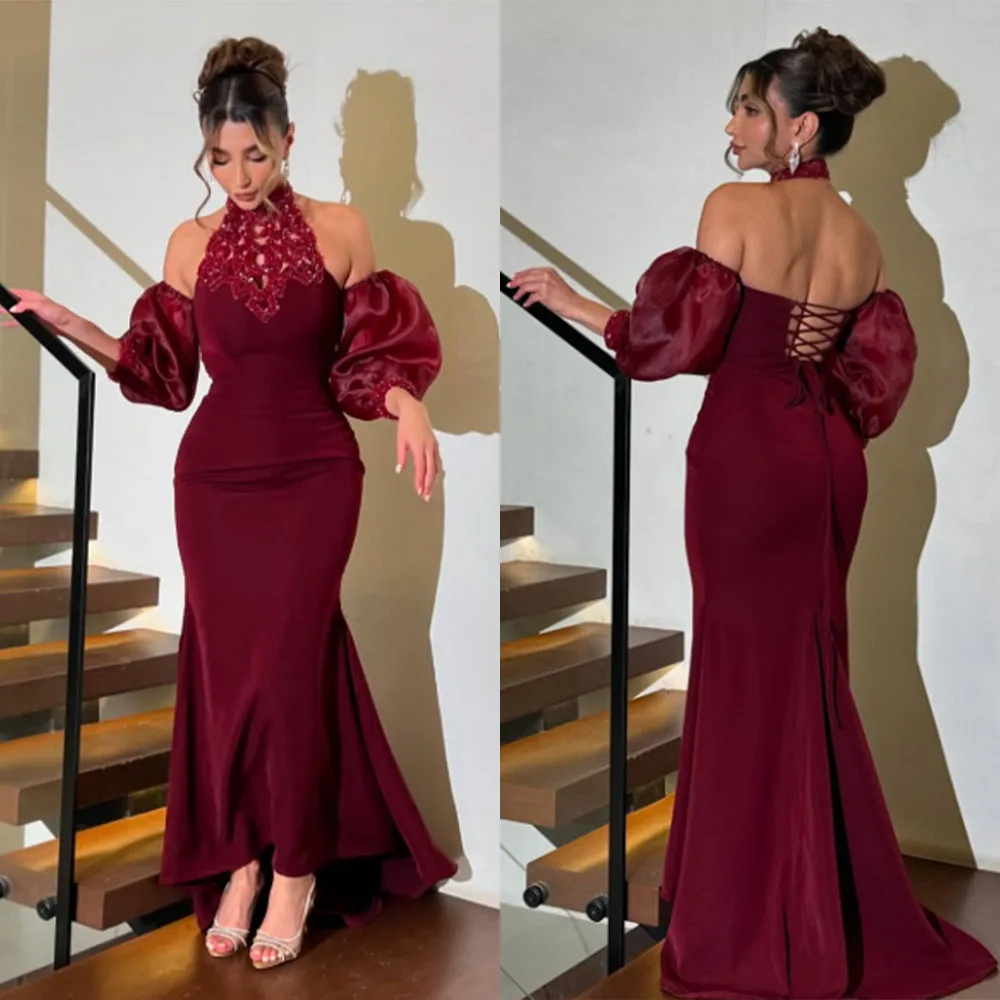 

High Quality Customized High Collar Floor Length Red Long Dresses Wrinkle Mermaid Puff Sleeves Elegant Women for Wedding Party