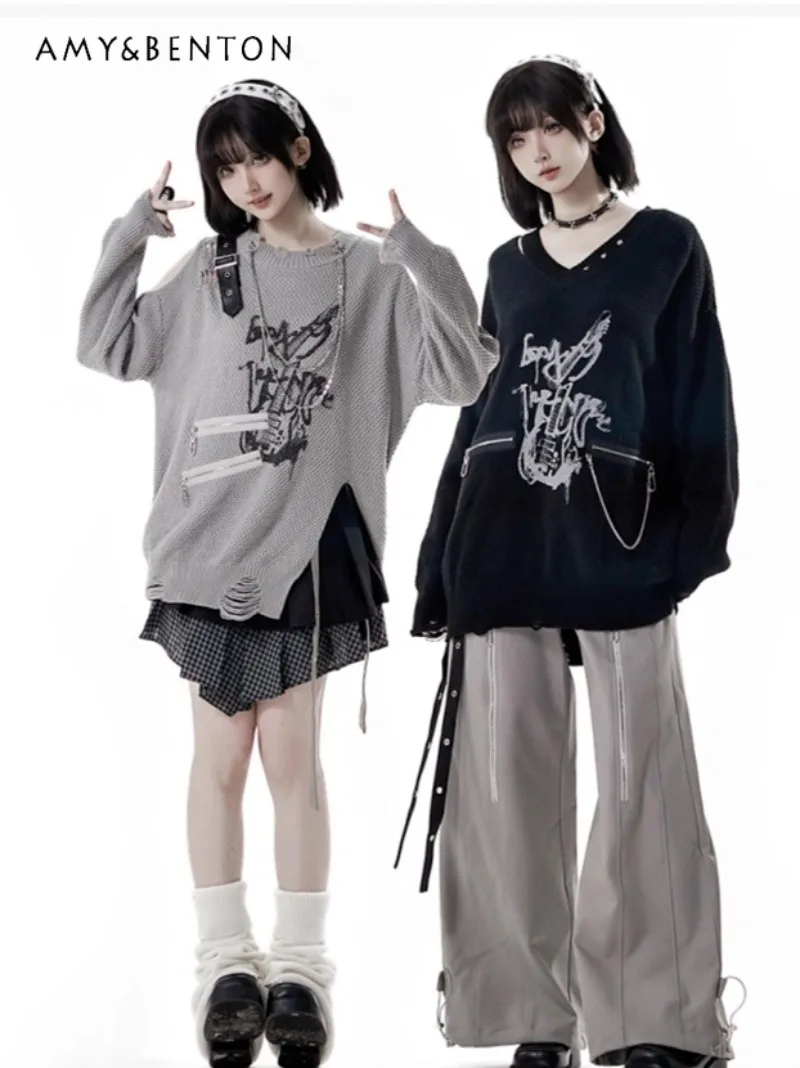 

Harajuku Style Patchwork Gothic Distressed Irregular Sweater Plaid Mini Skirt Long Pants College Style Sweater Set for Women