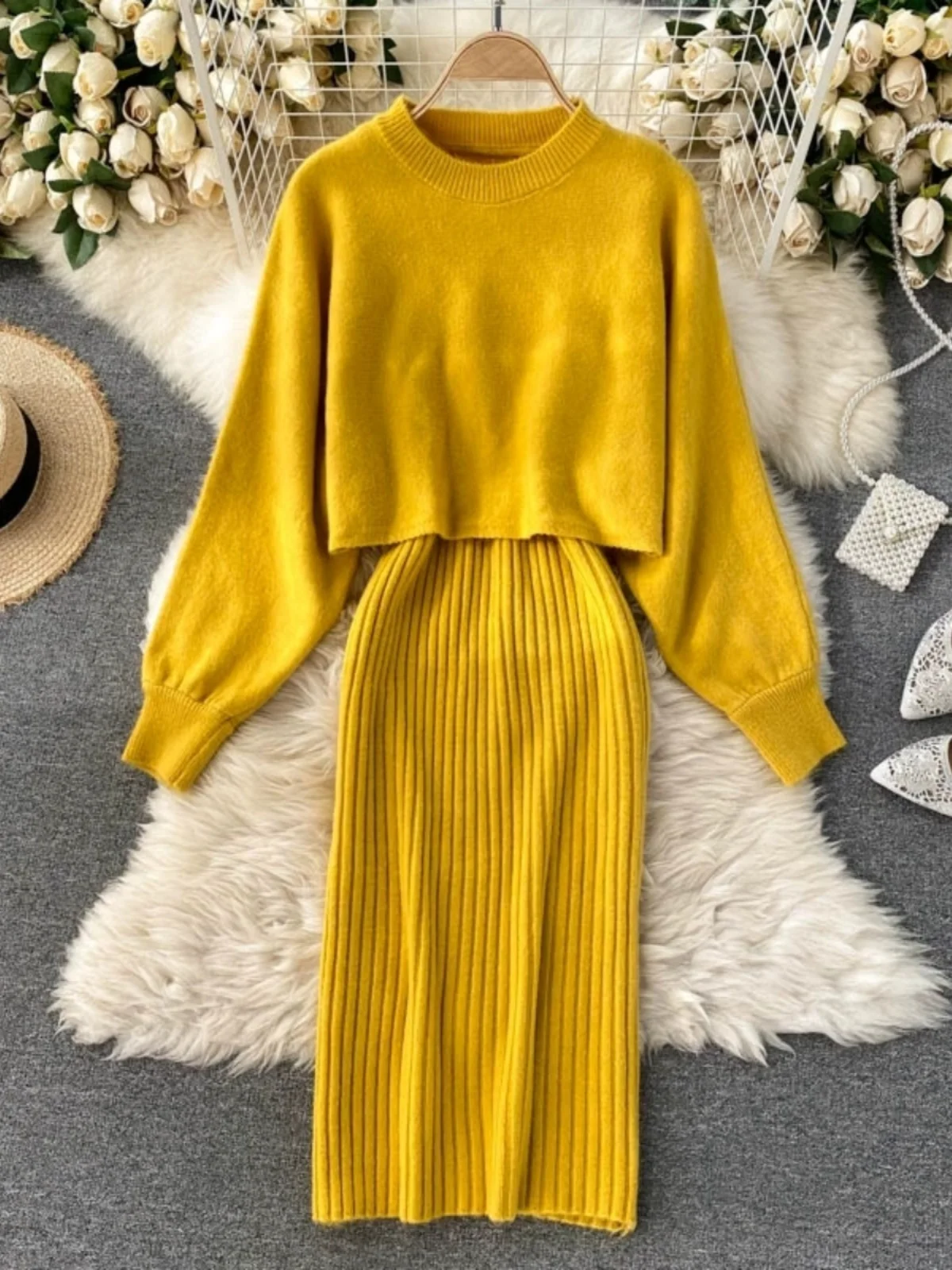 

Осень-зима, свободный свитер с высоким воротником, трикотажное платье, юбка с запахом и поясом, комплект из двух предметов, женский комплект Faion Commute Sle...