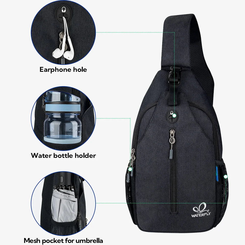 WATERFLY Crossbody Sling Bag Chest Bag Daypack Small Hiking Sling Backpack For Men Women With Skin Friendly Shoulder Strap