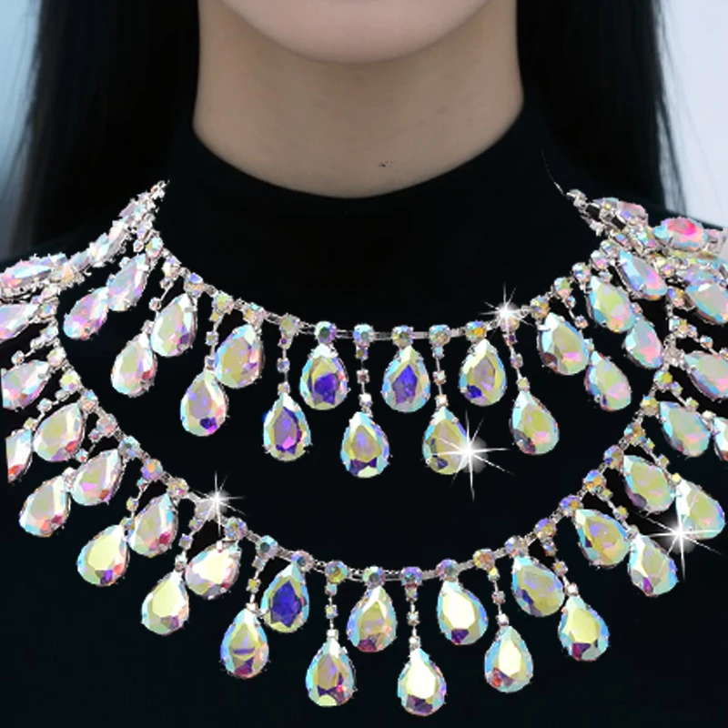 

1 Yard Colorful AB Water Drop Tassel Rhinestone Alloy Chain Sparkling Glass High Quality Semi Finished Material For Suit Dress