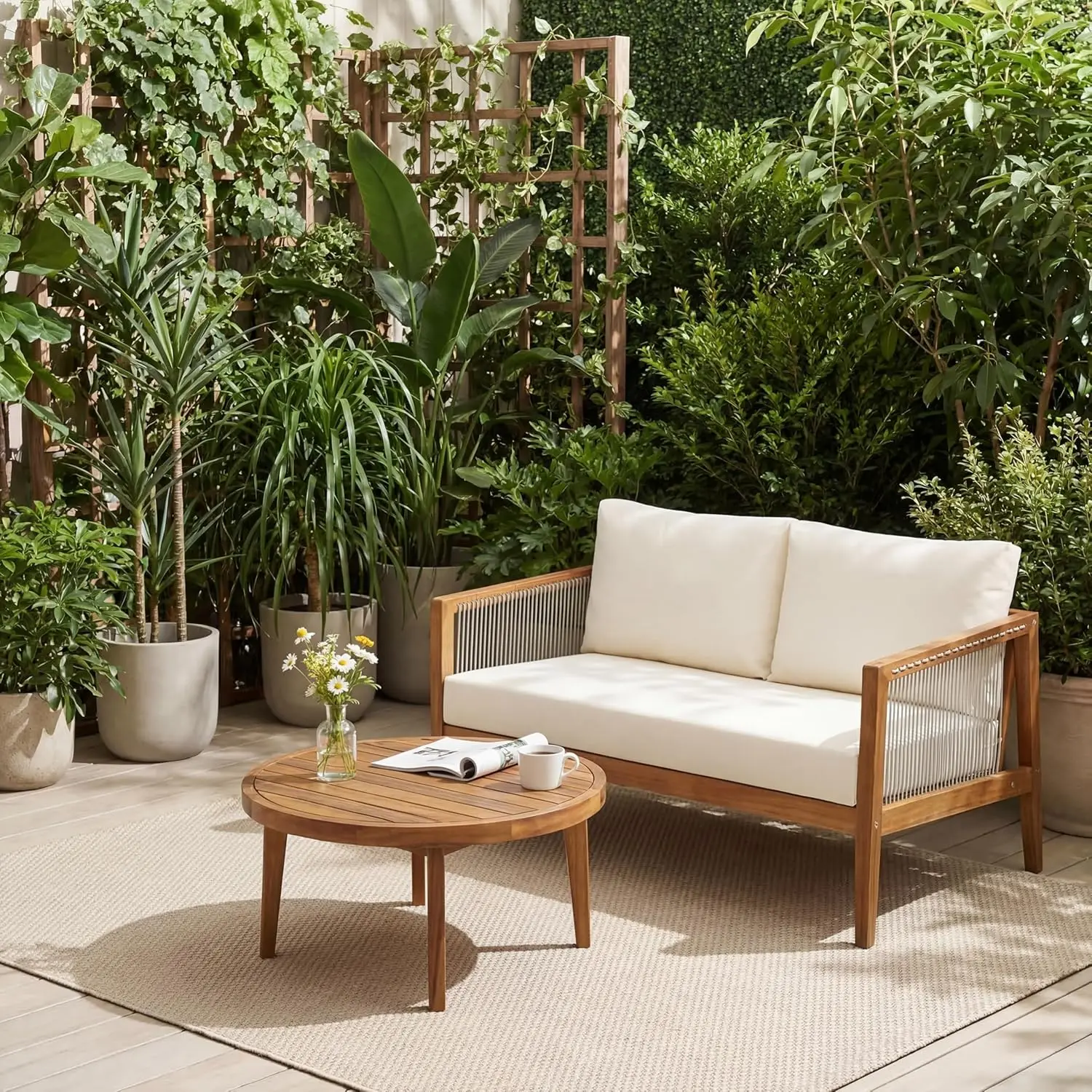 

Acacia Wood Outdoor Loveseat Sofa with Coffee Table Set, Solid Wood Patio Conversation Set with Cushion, Teak and Beige