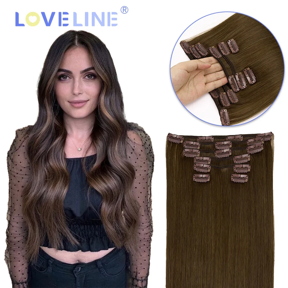 LOVELINE Clip in Hair Extensions #4 Brown Hair Real Human Hair  Extensions Straight 7 Pcs Clips 80G Per Pack Full Head For Women