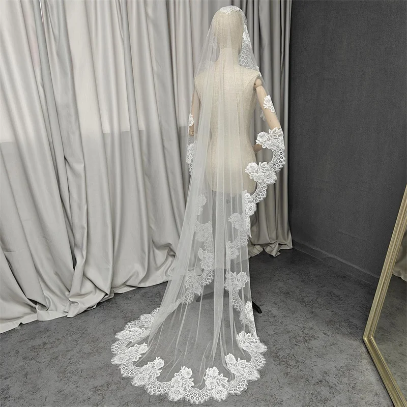 Customized Mantilla Veil with Eyelash Lace, 2m/2.5m/3m Single Tier Wedding Veil, Elegant Lace Ivory Bridal Veil with Hidden Comb