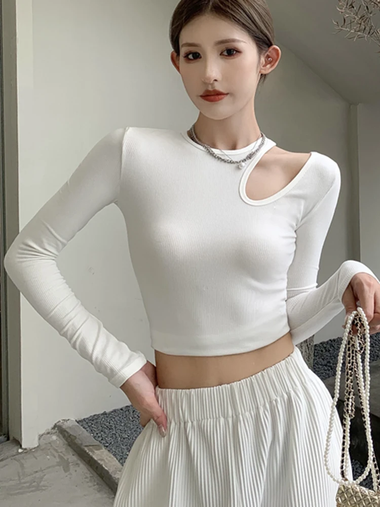 2024 magliette lavorate a maglia a coste donna verde primavera ritagliate bianco Basic manica lunga Crop top Casual Tees nero