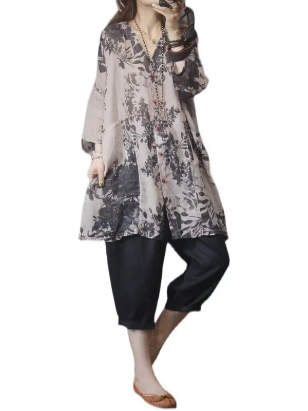 

Artistic Water-Mark Print Loose Long Sve irt Summer New Sle Sunscreen Cotton Linen Blend Open Cardigan Women's Top