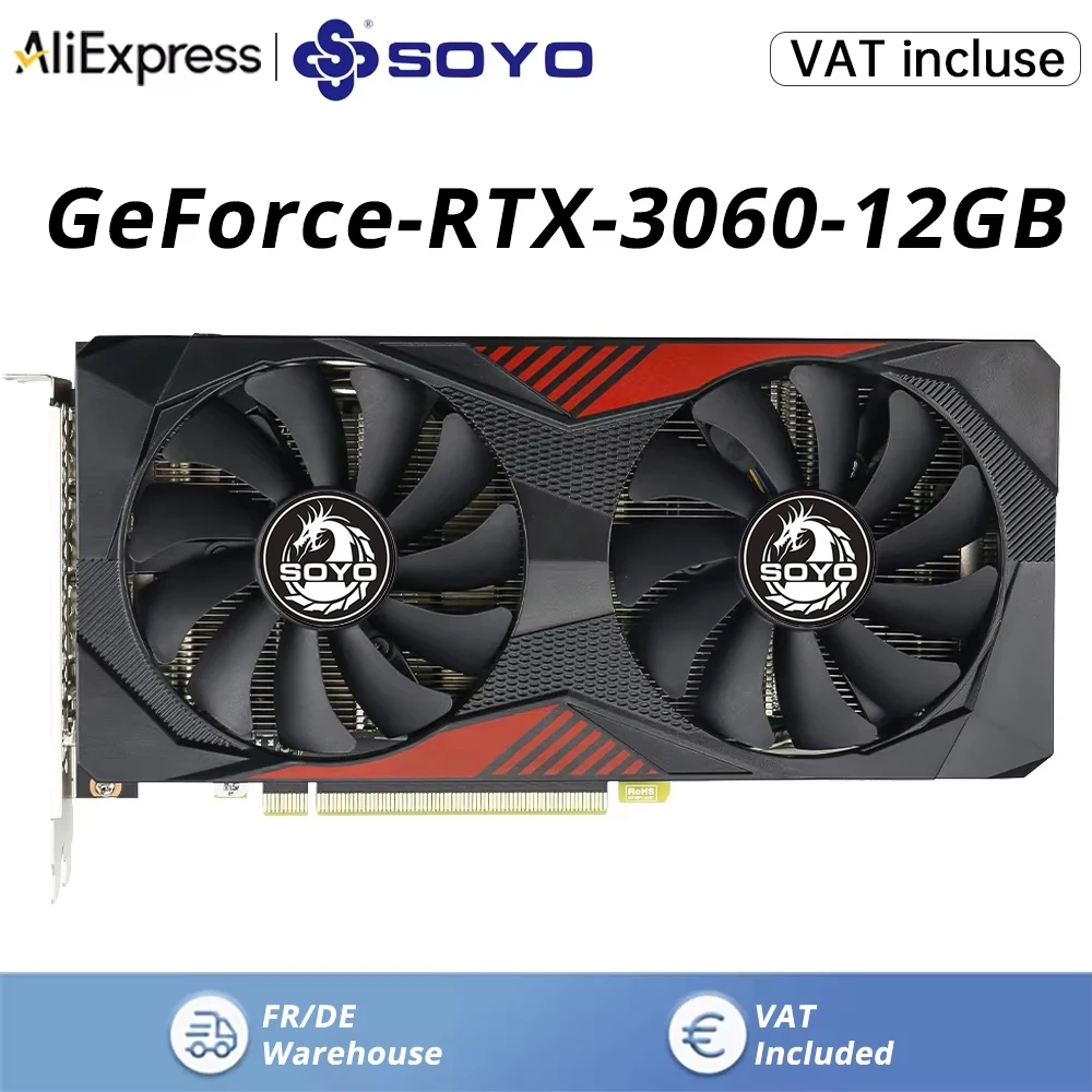 Carte graphique SOYO RTX 3060 12GB GDDR6 192Bit PCI Express 4.0 ×16 8Pin NVIDIA GPU Rtx 3060 Carte vidéo de jeu GPU de bureau