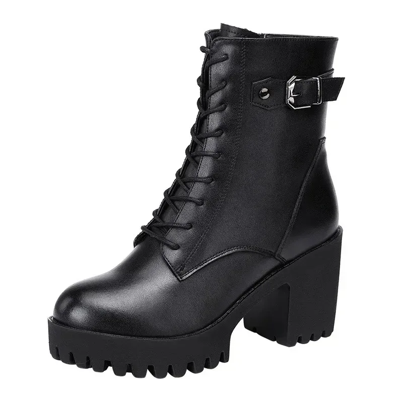 8cm Block High Heel Ankle Snow Boots Women Winter Genuine Leather Platform Shoes with Fur Small Size 32-43 Warm Daily Footwear