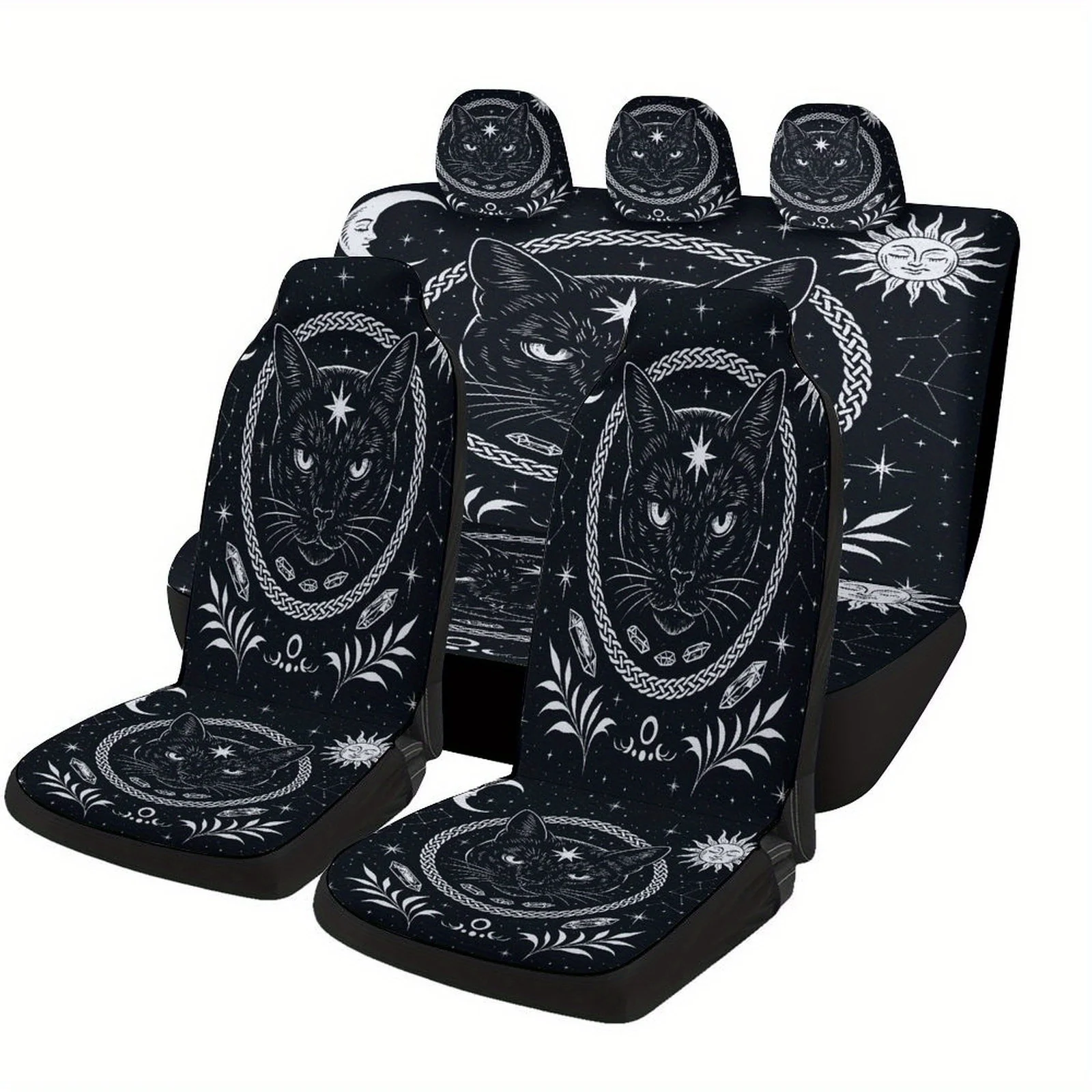 Black Cat Astrology Themed Car Seat Cover Set For Most Cars, Fashionable Novelty Car Seat Protector Covers Full Set, Car Seat C